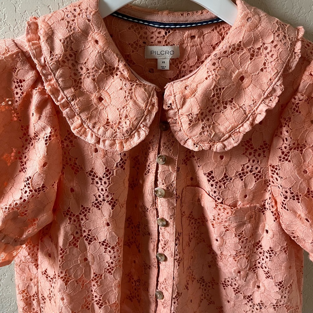 Pilcro Keira Lace Blouse by Anthropologie Womens Coral Collar Puff Sleeve Top XS - Picture 8 of 15